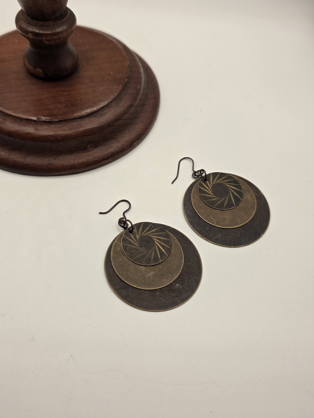 Vintage Celestial Trio Copper Disc Dangle Earrings 2.25"